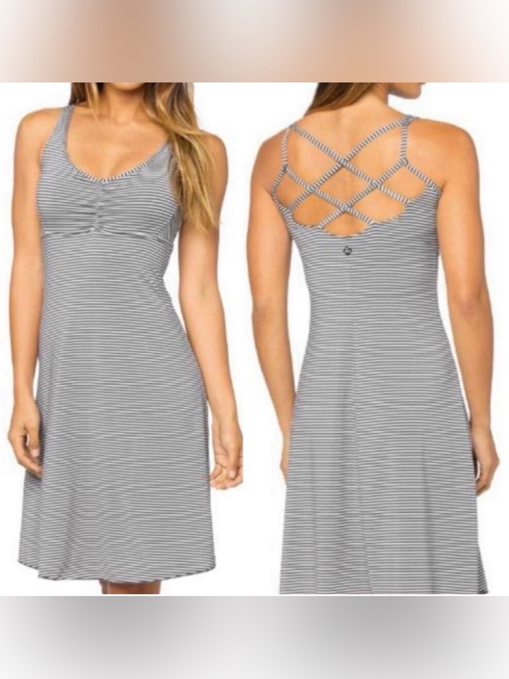 prAna Rebecca Dress M Grey Striped Strappy Back Shelf Bra Athletic - Picture 3 of 9